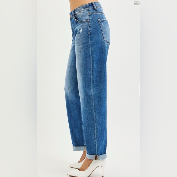 RISEN MID PRELOVED RISE BARREL DOUBLE ROLL UP JEANS - Picture 3 of 4